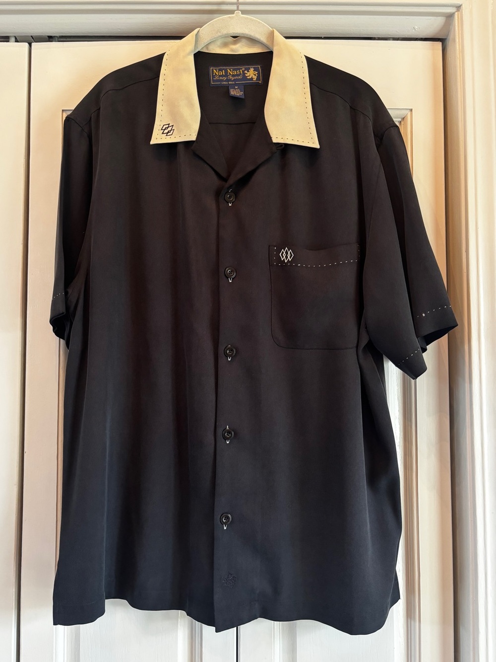 Nat Nast Luxury Original 100% Silk, Black & Cream Short-Sleeve Button-Down Shirt